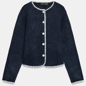 Zara CONTRAST EMBROIDERY CARDIGAN(M)